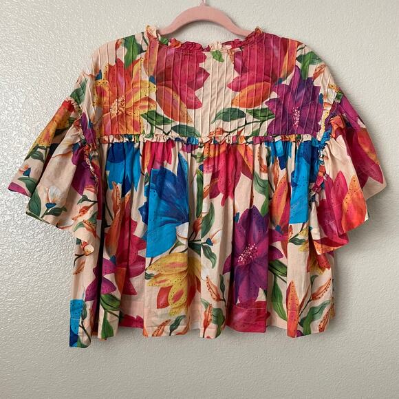 Farm Rio Top Womens Large Pink Orange Marys Garden Floral Tropical Boho Flutter - Picture 7 of 11